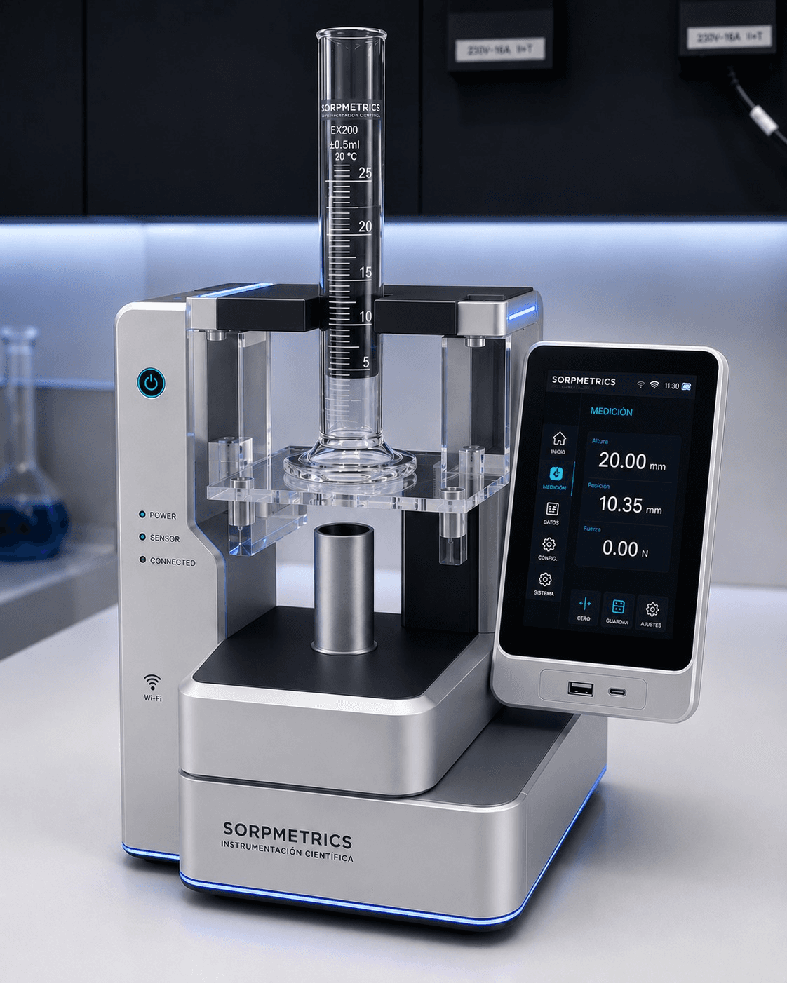 The Sorpmetrics measurement device — a porous material suspended in liquid, weighed as it captures and releases